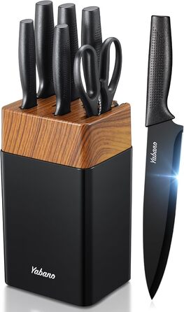 Набір кухонних ножів Yabano 7 предметів з підставкою та точилкою, кухонний набір ножів з чорним пластиковим блоком