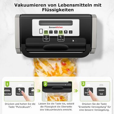 Вакууматор Bonsenkitchen для продуктів, потужний вакуумний пакувальник (15л/хв) з вбудованим різаком та ручкою-фіксатором, чорний