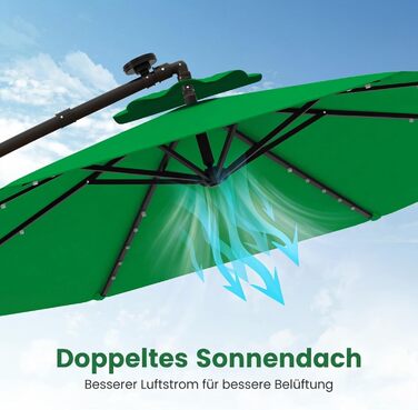 Садова парасолька COSTWAY 300 см з підставкою та LED-підсвіткою, підвісна парасолька-амбрела з ручкою, захист від UV, для тераси, басейну та двору, бежевий/зелений