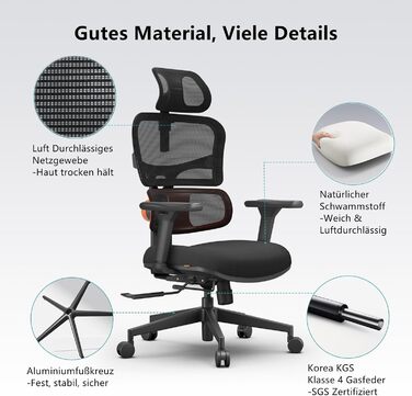 Офісне крісло Newtral NT001: ергономічне, регульована підголівник та підлокітники, 150 кг, чорний