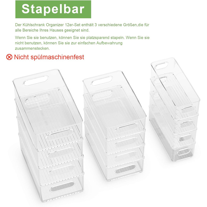 Організатор для холодильника FINEW, 12 шт. (4 маленькі, 4 середні, 4 великі), прозорі контейнери для зберігання, BPA free