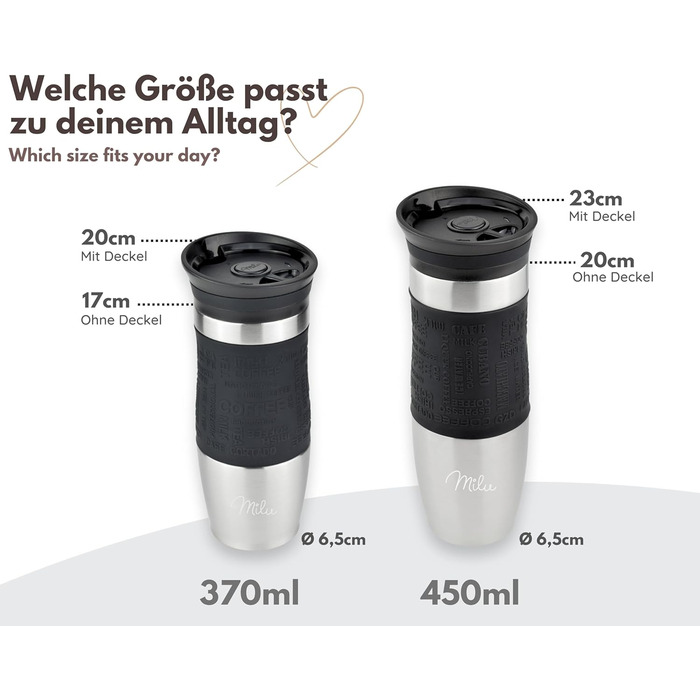 Термокружка Milu 450 мл, 370 мл з нержавіючої сталі, для кави 'to go', з подвійними стінками, не протікає, чорна