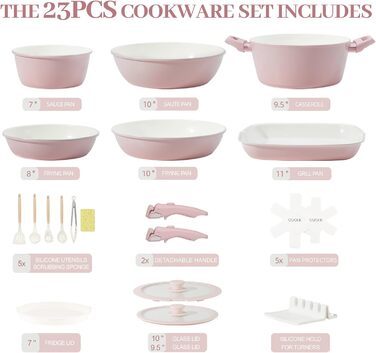 Набір каструль та сковорідок 23 частини з антипригарним покриттям. Керамічний набір посуду з знімними ручками, сумісний з усіма типами плит та духовкою. Без PFAS, PTFE, PFOA. Кремово-білий колір.