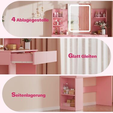 Трюмо Airfish з підсвічуванням 108x40 см: туалетний столик з дзеркалом, полицями, 2 шухлядами, регульоване освітлення, для спальні/вітальні (білий/рожевий)