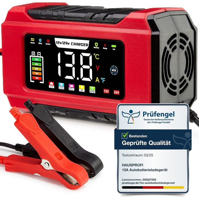 Зарядний пристрій для акумулятора HAUSPROFI 15A 12V/24V з функцією ремонту та підтримання заряду, 9-ступінчаста зарядка, LCD-дисплей для авто, вантажівки, мотоцикла, човна. Підходить для акумуляторів: свинцево-кислотних, AGM, EFB, LiFePO4