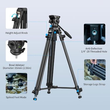 SMALLRIG 62'' відеоштатив з 360° флюїдною головою, легкий алюмінієвий штатив з швидкознімною пластиною та ручкою для DSLR та відеокамер, вантажопідйомність 5 кг, AD-50Lite