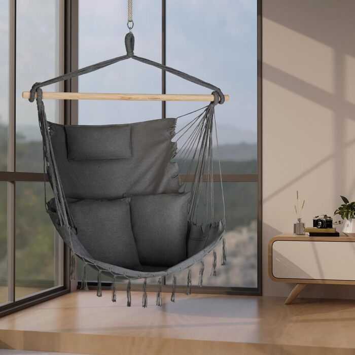 Підвісне крісло-гойдалка з подушкою 100x130x75 см, до 150 кг, для саду та дому, графітовий колір