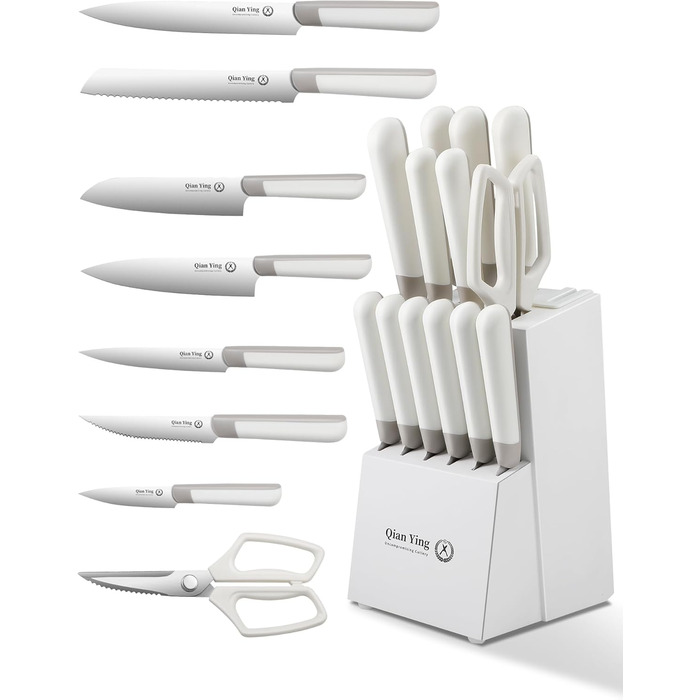 Набір кухонних ножів 14 предметів з бруском: кухонний набір, ніж для приготування їжі, подарунок для мами, білий