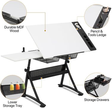 Набір мольбертів Magshion: регульований стіл для художника з нахиленою дерев'яною стільницею, стілець та 2 висувними ящиками для зберігання. Підходить для дому, офісу та школи (білий/чорний)