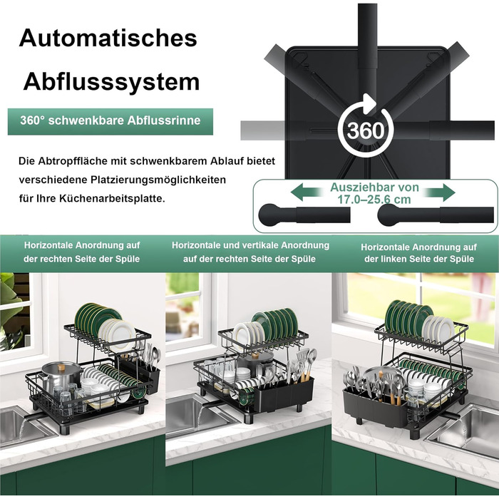 Сушарка для посуду ROTTOGOON розширювана, 2-ярусна, чорна: нержавіюча сталь, з висувним носиком та відділенням для столових приборів