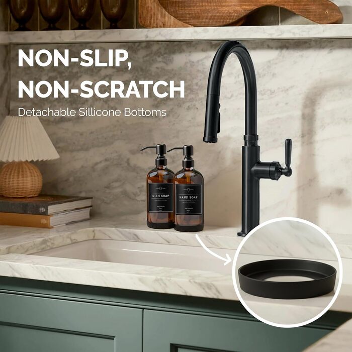 Набір дозаторів для мила 2 шт. для кухні та ванної кімнати, нержавіюча сталь, скло Amber, 475 мл, з водонепроникними етикетками (матова чорна)