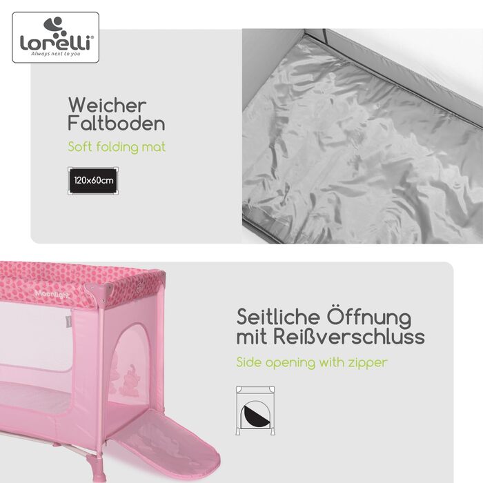 Lorelli Babybett und Laufstall Moonlight 2 в 1: дитяче ліжко та манеж для ігор, рожевий. Від народження до 15 кг, складаний, з транспортною сумкою.