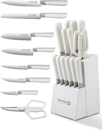 Набір кухонних ножів 14 предметів з бруском: кухонний набір, ніж для приготування їжі, подарунок для мами, білий