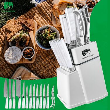 Набір кухонних ножів Fullhi 14 предметів у бруску з точилкою: кухонні ножі, ножі для стейку, багатокольорові ручки. Чудовий подарунок для чоловіків та жінок.