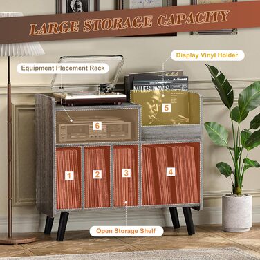 Стіл для програвача, стійка для вінілових пластинок середини століття з місцем для зберігання до 350+ альбомів, шафа для вінілу з регульованими полицями (Сірий)