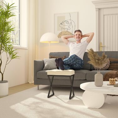 Пуф для макіяжу YMYNY, пуф-табуретка з льону, пуф для туалетного столика з металевими ніжками X-подібної форми, 40x30x46 см, бежевий (HBD033G)