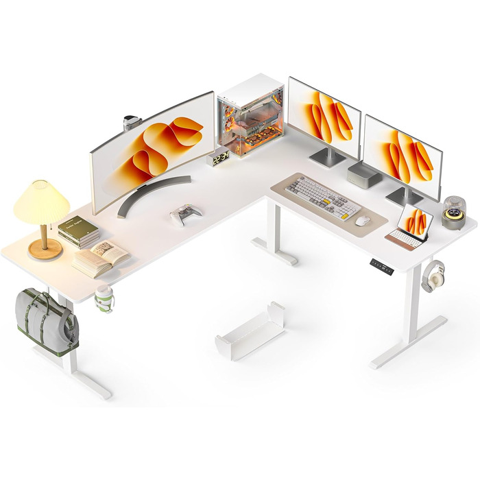 Електричний кутовий стіл L-подібної форми, 190 x 150 см. Регулювання висоти, стіл для офісу, ігровий стіл з керуванням кабелями, білий.