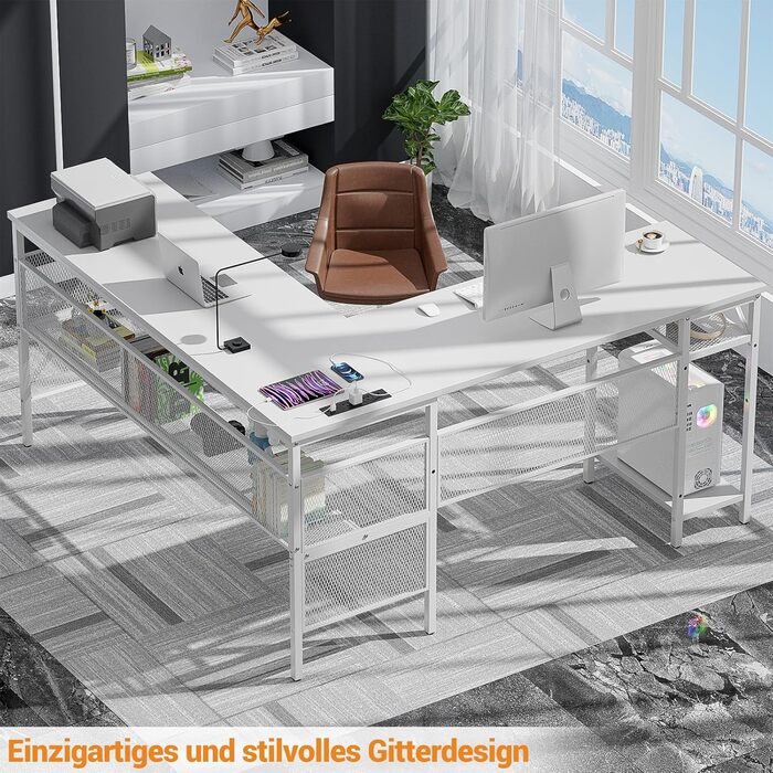 L-подібний ігровий стіл, 141x117x76 см, комп'ютерний стіл з полицею, офісний стіл з поворотним кутом для навчання, ігор, home office (білий)