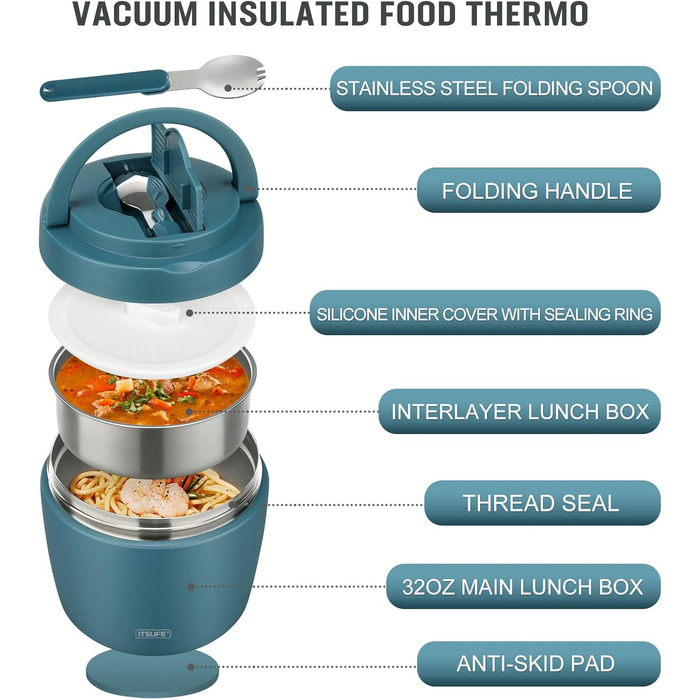 Термоконтейнер для їжі Itslife 970 мл, термоконтейнер з кришкою, з нержавіючої сталі з ложкою, термотермос для їжі, ланч-бокс для супів, дитячого харчування, каші (зелений, світло-блакитний)