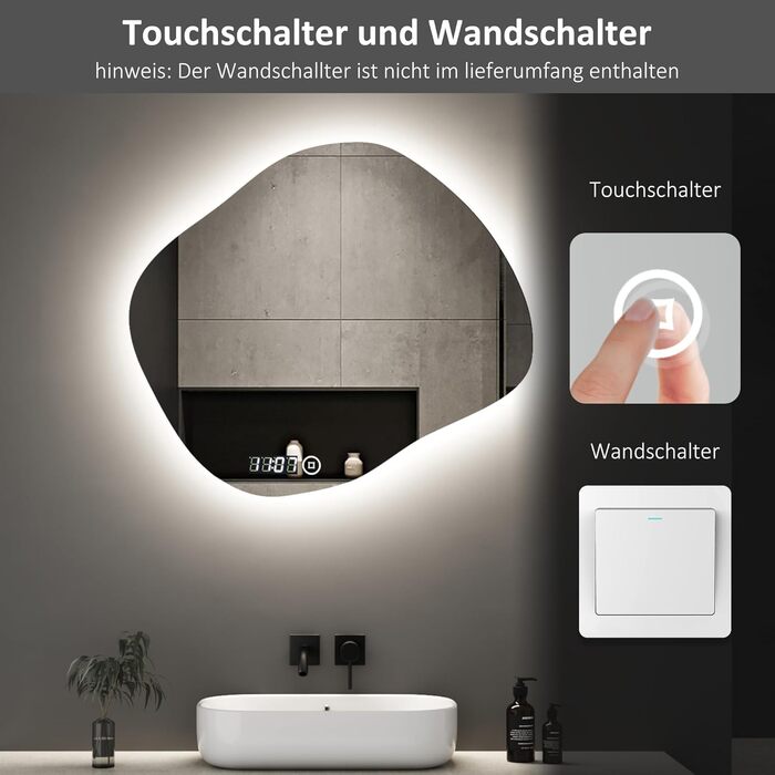 Дзеркало для ванної кімнати з підсвічуванням та годинником Boromal 50x70 см, 3 кольори світла, диммування, LED, сенсорне управління