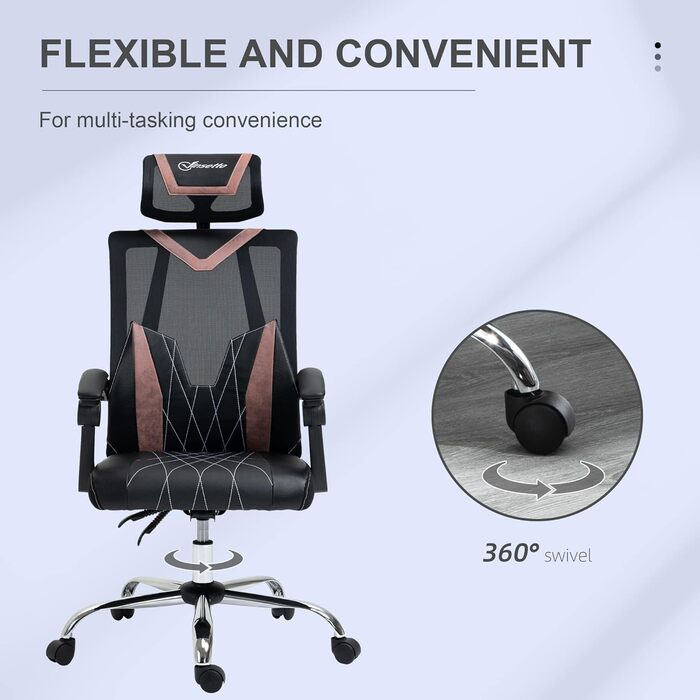 Крісло офісне Vinsetto Ergonomic з сітчастою спинкою, роліками, підтримкою попереку та шиї, регулюванням висоти та нахилу, 58x62.5x112-120см, Рожеве