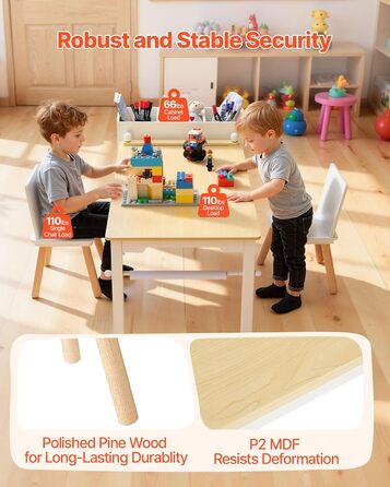 Дитячий стіл VEVOR з 2 стільцями та шафкою 3 ящики, набір для малювання, читання, письма, ігор, дитяча кімната, дитячий садок, білий + натуральне дерево, сучасний дизайн