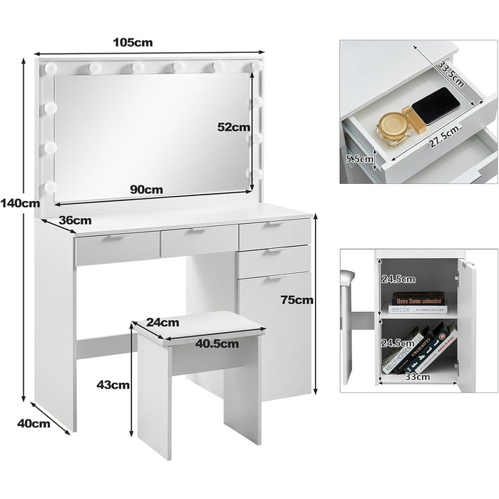 Туалетний столик зі світлодіодом, Табурет, Дзеркало, 4 ящики, Зберігання, Сучасний, Білий