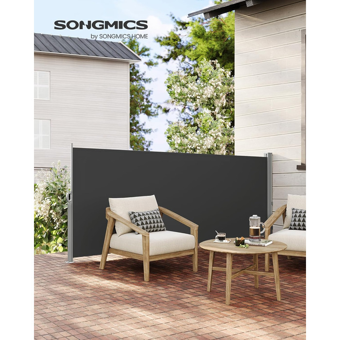 Бічна маркіза SONGMICS з металевим коробом, антрацит, 140x300 см, висувна, вітрозахист і сонцезахист для балкона, тераси, саду, іржостійка