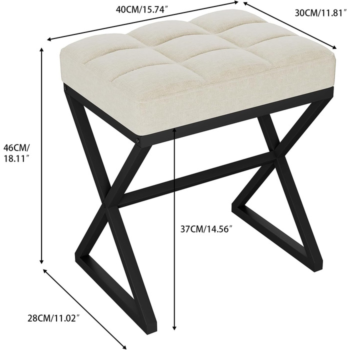 Пуф для макіяжу YMYNY, пуф-табуретка з льону, пуф для туалетного столика з металевими ніжками X-подібної форми, 40x30x46 см, бежевий (HBD033G)