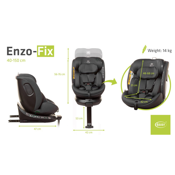 Дитяче крісло ENZO-FIX на 360 Isofix зі стабілізуючою ніжкою, I-Size з додатковим бічним захистом (Graphite)