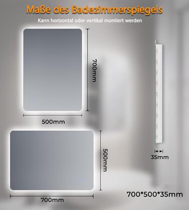 Дзеркало для ванної кімнати зі підсвічуванням SVNR, 70 x 50 см, LED, бездоганне покриття, сенсорне керування, регулювання кольору 3000K-6400K, з синім підсвічуванням