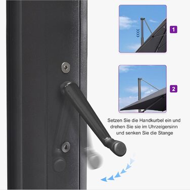 Парасолька від сонця PURPLE LEAF 350x350 см, велика садовий ампельний зонт з рукояткою, поворотом на 360° та хрестою основою для тераси та балкона, сіра