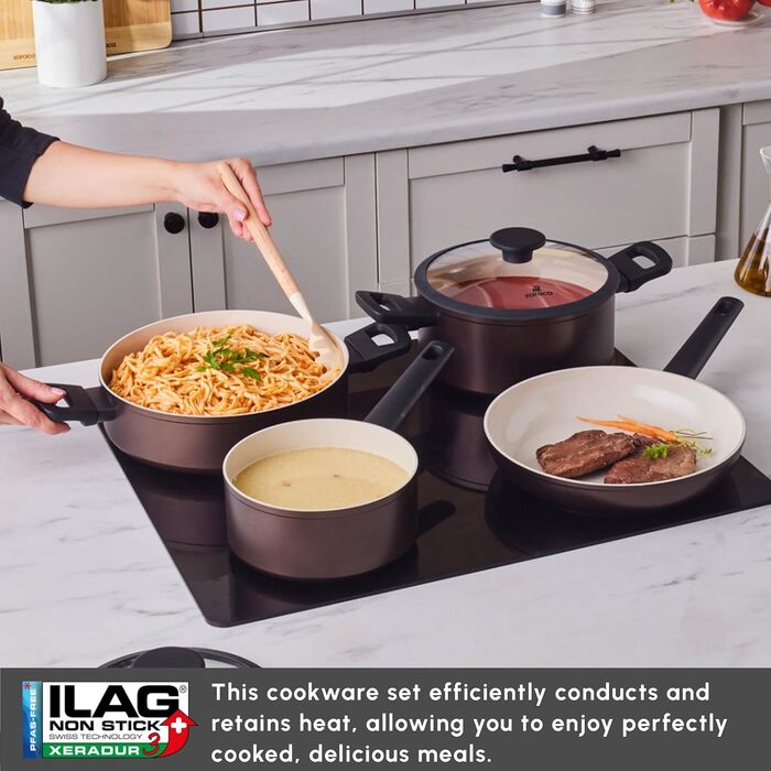 Набір кухонного посуду Karaca Ceramica Iconic Bronze (7 предметів): каструлі, сковорода, топи з кришками, антипригарне покриття SwissCrystal без PFAS