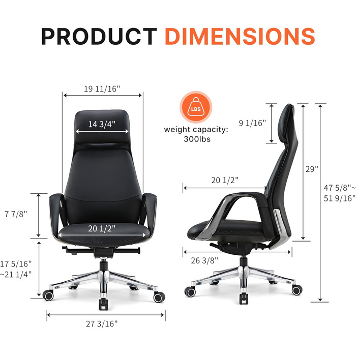 Крісло офісне EUREKA ERGONOMIC з шкіри, чорне: регульоване, ергономічне, для офісу та дому