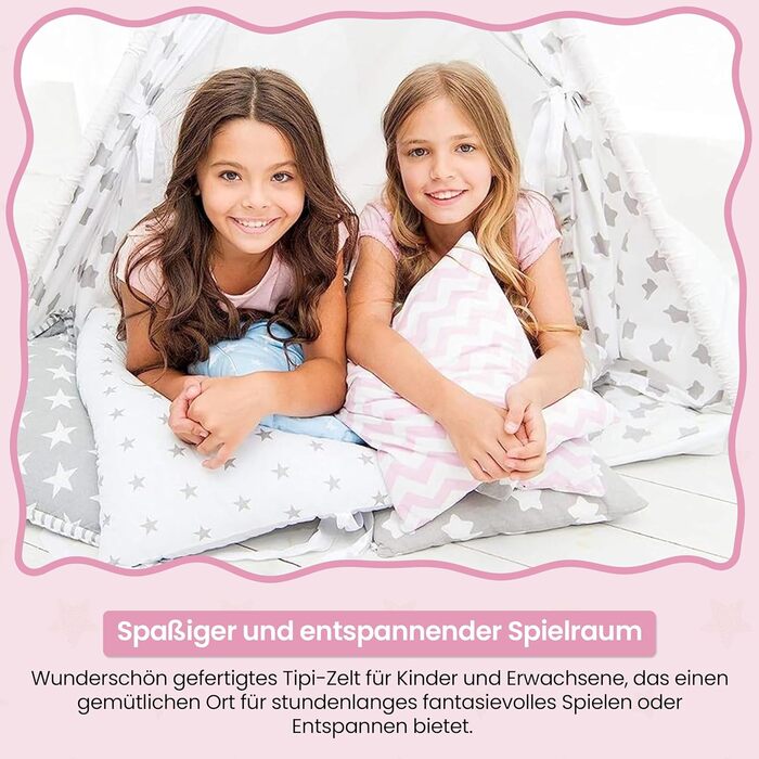 Тіпі-намет для дітей | Ігровий намет для дитячої кімнати | Намет-індіанець з м'якими подушками | Міцний, дитячий намет-тіпі, рожевий зі зірками