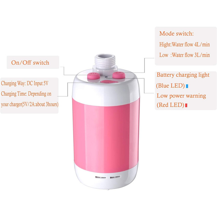 Портативний душ Електричний душ Кемпінговий душ Вбудовані батареї 4800 мАг і з запірним клапаном душової лійки (душ з водяним клапаном (рожевий))