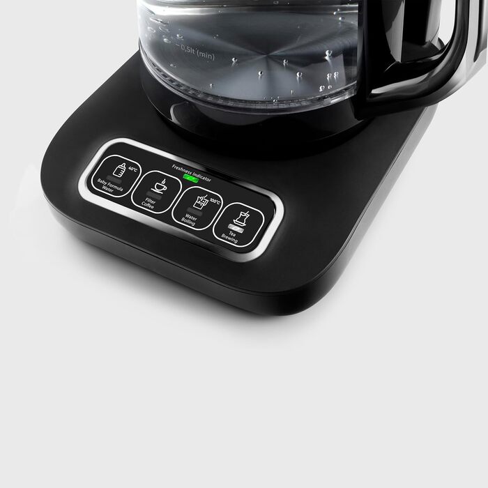 Чайоварка-робот Karaca Çaysever Pro 4-в-1: чайник, фільтр-кавоварка, 2500W, чорний/хром, з індикатором свіжості та голосовими підказками, об'єм 0,8 л (чайник) та 1,5 л (резервуар для води)