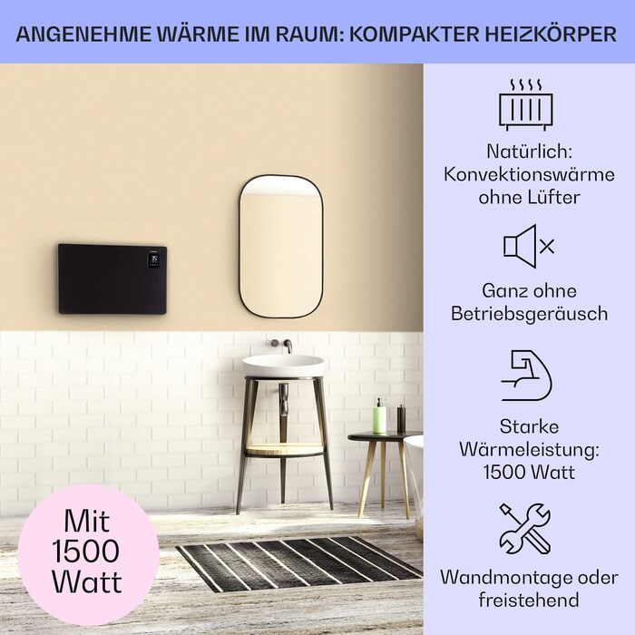 Електричний конвектор Klarstein: енергозбереження, керування через додаток, тиха робота, 1500 Вт, чорний