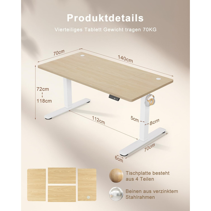 Регульований стіл висотою 200x80 см з USB-портом, 3 пам'яті, антиколізійна система, комп'ютерний стіл