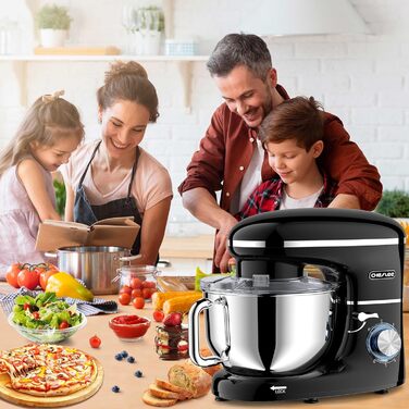 Кухонна машина Cheflee 2000W з чашею 6.2L з нержавіючої сталі, 6 швидкостей, низький шум, міксер, гак для тіста, захист від бризок, чорна