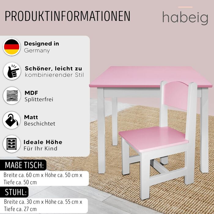 Дитячий стіл та 2 стільці, комплект меблів для дитячої кімнати, 60x50x50 см (Рожевий/Білий)