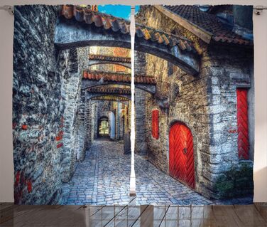 Штора в сільському стилі, кам'яне містечко, штора 280х225 см, сірий червоний коричневий