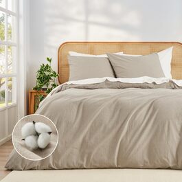 Комплект постільної білизни 200x220 з бавовни, бежевий, суперм'який, 100% бавовна, випрана, з льоноподібною текстурою, ÖKO-TEX, комплект 3 шт. (200x220 + 2 x 80x80)