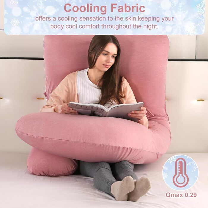 Подушка для вагітних GKXLH - J-подібна подушка для сну та підтримки спини, живота та стегон. Знімне покриття, прохолодне рожеве.