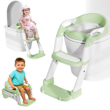 Універсальний дитячий сидіння на унітаз 3-в-1 з драбинкою, зелений – тренажер для хлопчиків та дівчаток, зручний унітаз-горщик для привчання до туалету