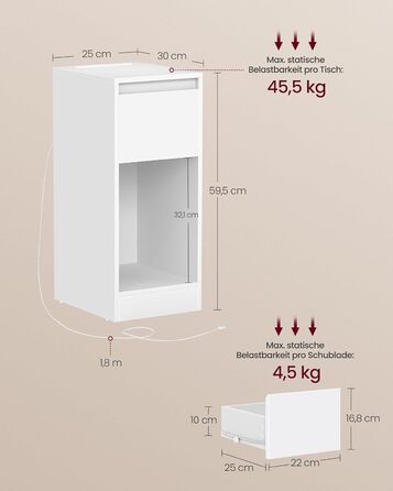 Приліжкова тумбочка VASAGLE з LED-підсвічуванням, USB-A та USB-C, з шухлядою та відкритим відсіком, для спальні/вітальні, білий колір LET610W01