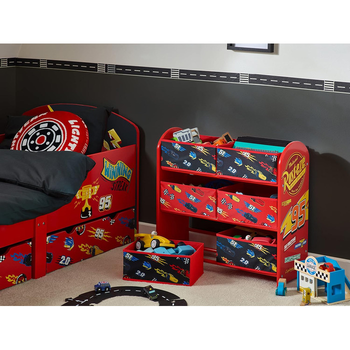 Шафа для зберігання автомобілів Disney Lightning McQueen з 6 коробками для зберігання для дітей, різнокольорова блискавка McQueen яскраво-червона