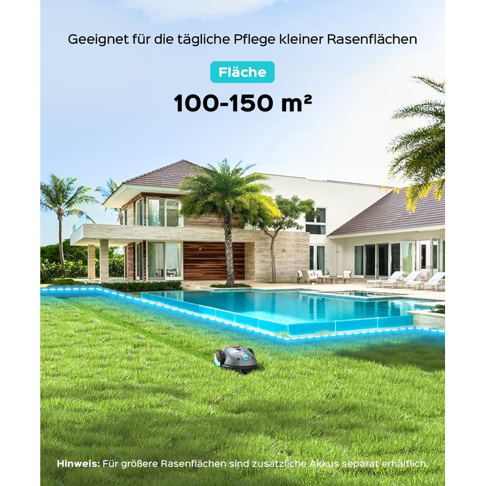 Робот-газонокосилка V100 без обмежувального кабелю з камерою, уникнення перешкод, навігація Vision, акумулятор 4 Ah, 150㎡, запасні леза, спіральне косіння, сірий колір