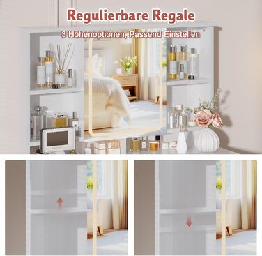 Трюмо JUMMICO з LED-підсвічуванням, дзеркалом та гачками для прикрас, 2 шухляди, 4 відкриті полиці, білий колір