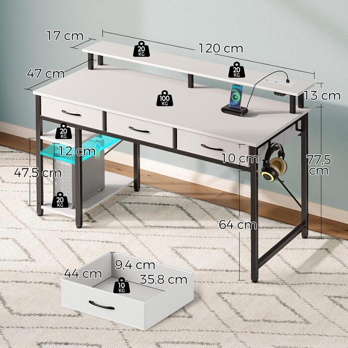 Комп'ютерний стіл Rolanstar з шухлядами, розетками та LED підсвіткою, геймінговий стіл з підставкою для монітора, полиця та 2 гачки, для офісу та вітальні (білий, 100x47x90,5 см)